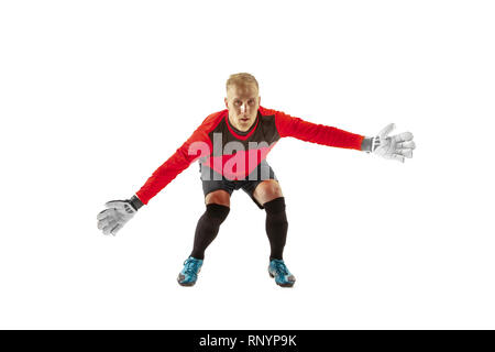 Goalkeeper ready to save on white studio background. Soccer football concept Stock Photo