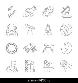 Space icons, astronomy theme, outline style. Contains moon, sun, earth, moon rover, satellite, asteroids, solar, telescope, galaxy, meteorites, observ Stock Vector