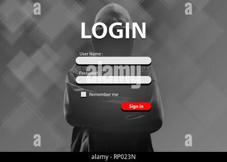Hack Sign In Login form and hacker with lock on dark background. Concept of cyber ...