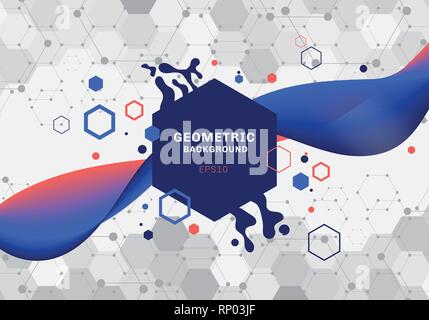 Abstract composition of geometric shapes and splash blue and orange hexagons pattern molecule with fluid gradient color flowing  on white background.  Stock Vector