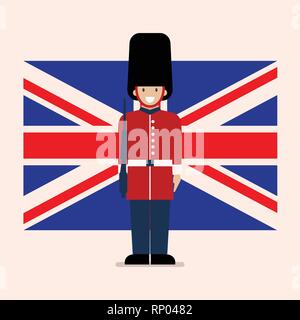 British Army soldier with United Kingdom flag background. Flat style vector illustration. Stock Vector