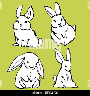 Collection of some cute rabbits, hand draw illustration. Draw illustration set character design of cute rabbit. Stock Photo