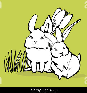 Cute rabbits with easter flowers hand draw illustration. Draw illustration postcards design of cute rabbit. Stock Photo