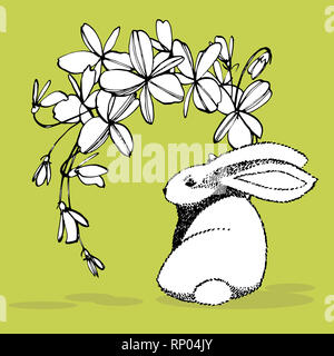 Cute rabbits with easter flowers hand draw illustration. Draw illustration postcards design of cute rabbit. Stock Photo