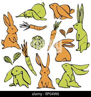 Collection of some cute rabbits, hand draw illustration. Draw illustration set character design of cute rabbit. Stock Photo