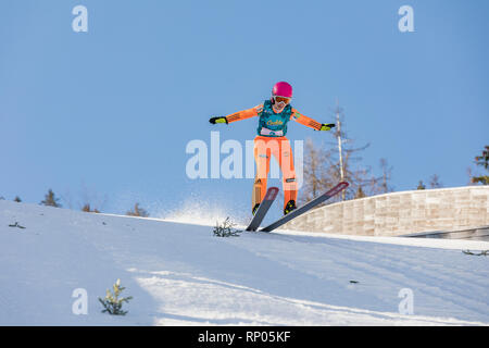 Planica, Slovenia - February 17, 2019. Young jumpers jump in Planica on a beautiful sunny day. Planica Nordic Center, complex of ski jump hills. Stock Photo