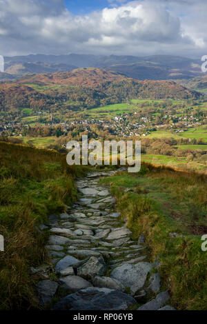 The view from Wansfell over the town of Ambleside in the Lake District National Park, Cumbria, England. Stock Photo