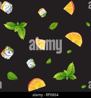 Seamless black pattern, orange, mint and Ice cubes Stock Vector