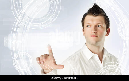 Man pointing to empty address bar in virtual web browser. Seo, internet and distance learning concept Stock Photo