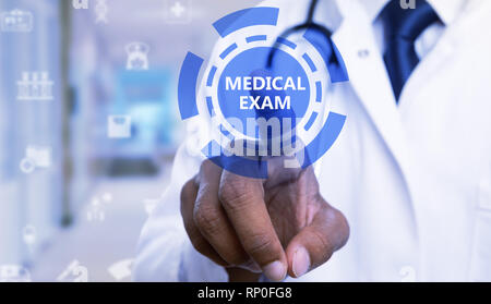 Close-up of male indian doctor using index finger for touching medical exam blue button with text on invisible screen as futuristic medicine concept Stock Photo