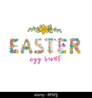 Easter egg hunt, Christian church festival card with flower letters font. Spring holiday on Resurrection Sunday. Stock Vector