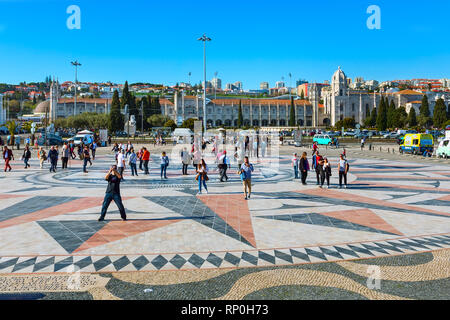 Lisbon, Portugal - March 27, 2018: The Jeronimos Monastery and Emprie Square tourist attraction in Belem Stock Photo