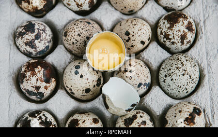 Quail eggs in cardboard packaging. Yolk of quail eggs without shell. Stock Photo