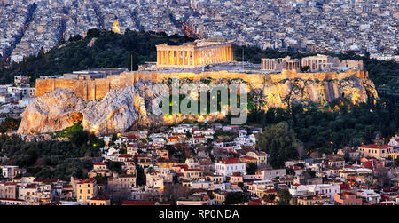 Acropolis at night in Athens from hill Lycabettus, Greece Stock Photo