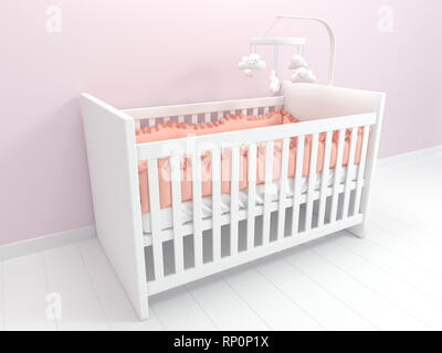 Image Of White Baby Cot With Wall 3d Render Stock Photo