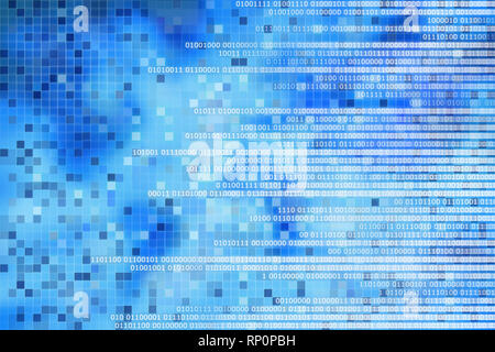 digital computer data concept. white binary code text on blue pixel blocks abstract background. design for artificial intelligence computer technology Stock Photo