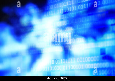 password and privacy data breach. internet data stolen. global data connection. binary text on pixel blue block background. random pattern of lighting Stock Photo