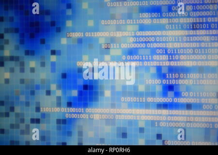 password and privacy data breach. internet data stolen. global data connection. binary text on pixel blue block background. random pattern of lighting Stock Photo