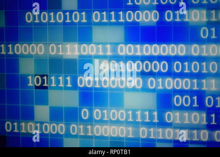 power of digital big data. close up image of one and zero icon for data server business concepts. multiple shade of blue light pixel blocks. Stock Photo