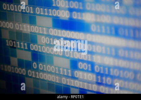 power of digital big data. close up image of one and zero icon for data server business concepts. multiple shade of blue light pixel blocks. Stock Photo