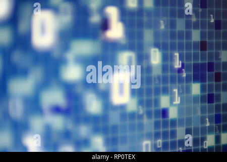 power of digital big data. close up image of one and zero icon for data server business concepts. multiple shade of blue light pixel blocks. Stock Photo