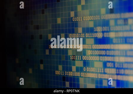 white light binary data on gradient blue abstract background with block shape pixel layer. cloud data transfer and digital connection concepts. Stock Photo