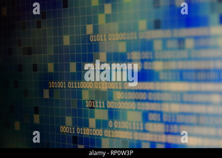 white light binary data on gradient blue abstract background with block shape pixel layer. cloud data transfer and digital connection concepts. Stock Photo
