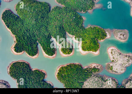 (View from above) Stunning aerial view of a beautiful group of island in Nam Ngum Reservoir in Thalat located in northern Laos. Stock Photo