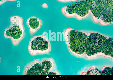 (View from above) Stunning aerial view of a beautiful group of island in Nam Ngum Reservoir in Thalat located in northern Laos. Stock Photo