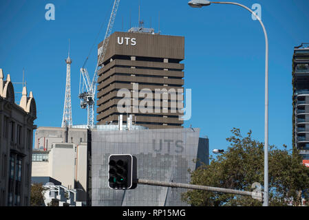 University of Technology Sydney Building 1 the brutalist admin tower and building 11, Faculty of Engineering & IT on the fringe of central Sydney Stock Photo