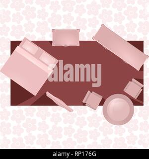 Hotel room flat interior. Bedroom house design with bed. Vector illustration with furniture. Home background Stock Vector
