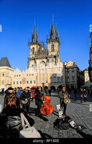 A view of Prague's old town square of winter with a beautiful blue sky in the background. Stock Photo