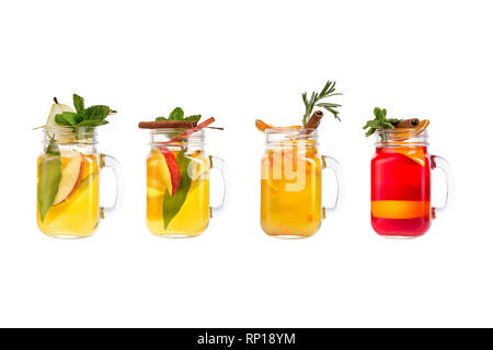 Set with different cocktails and lemonades on a white background. Isolated. Stock Photo