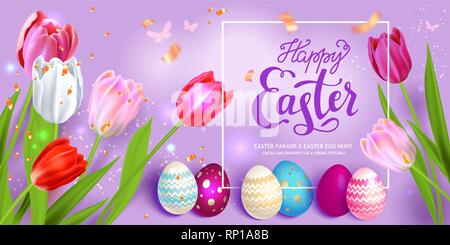 Happy Easter violet holiday frame. Beautiful background with realistic colored Easter eggs and tulips. Festive vector illustration. Stock Vector