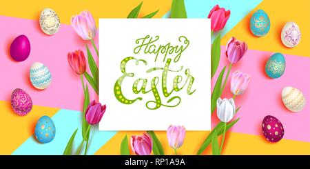 Happy Easter holiday card. Beautiful background with realistic colored Easter eggs and tulips. Festive vector illustration. Stock Vector