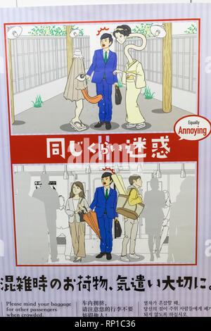 Japan, Honshu, Tokyo, Subway, Poster Promoting Consideration of Other Passengers When Carrying Baggage Stock Photo