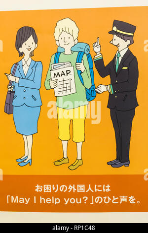 Japan, Honshu, Tokyo, Subway, Multilingual 'May I Help You' sign Stock Photo