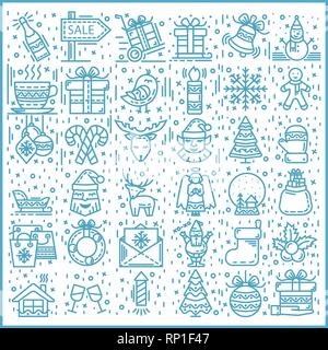 Vector icon Happy New Year and Merry Christmas set modern thin line sign Santa Claus Stock Vector