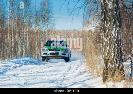 Kyshtym, Russia, February 18, 2018 - Rally 'Malachite 2018' 4th stage of the Russian Cup, starting number 2, Mitsubishi Evolution car Stock Photo