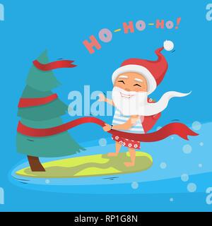 Vector Santa Claus on surfboard holding Christmas tree from ribbon with gifts Stock Vector