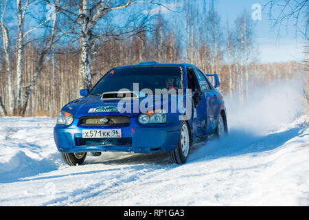 Kyshtym, Russia, February 18, 2018 - Rally 'Malachite 2018' 4th stage of the Russian Cup, starting number 4, Subaru Impreza WRX STi car Stock Photo