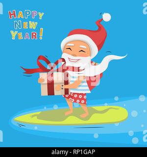 Santa Claus with big gift box and ribbon with a bow in hand riding a surfboard Stock Vector