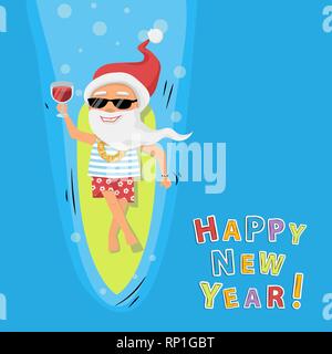 Santa Claus rest on surfboard on the sea with cocktail and sunglasses Stock Vector