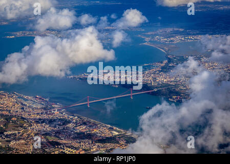 View from plane window on Lisbon city, Portugal