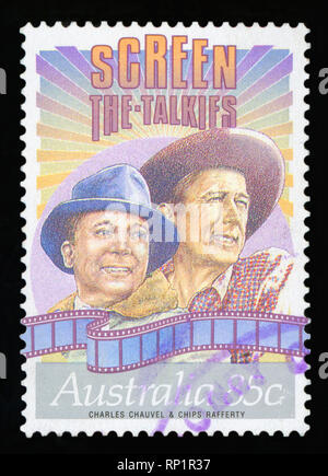AUSTRALIA - CIRCA 1989: Postage stamp printed in Australia, Stars of Stage and Screen, shows Charles Chauvel and Chips Rafferty, circa 1989 .