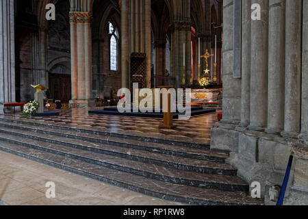 REIMS, FRance, February 1, 2019 : Roman Catholic cathedral of Reims was built on the site of the basilica where Clovis was baptized. This major touris Stock Photo