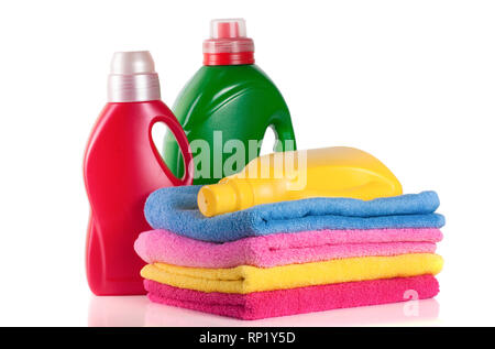bottle laundry detergent and conditioner with towels isolated on white background. Stock Photo