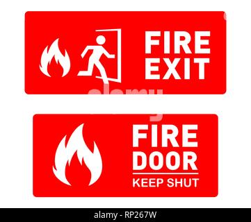 Fire Exit and Fire Door Safety Signs - Editable Vector Illustration - Red Emergency Signs. Stock Vector