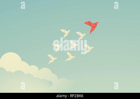 vector business finance leadership concept with origami red paper bird leading among white. Symbol leadership, strategy, mission, objectives Stock Vector
