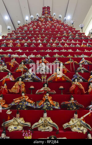 Saitama, Japan. 20th Feb, 2019. A 7 meter in height doll pyramid adorns the Elumi Kounosu Shopping Mall in Konosu city. Approximately 1,830 Hina-ningyo (a type of Japanese doll) are on display on 31-tiers of a huge pyramid at the main area of the Elumi Kounosu Shopping Mall to celebrate the Hinamatsuri also called Doll's Day or Girls' Day, which is celebrated on March 3rd. Families yearly display the dolls at home to wish for the healthy growth of girls. Konosu city is known as ''Doll Town'' for a number of factories making Japanese dolls. It has 380-year-old history of making dolls. The Stock Photo